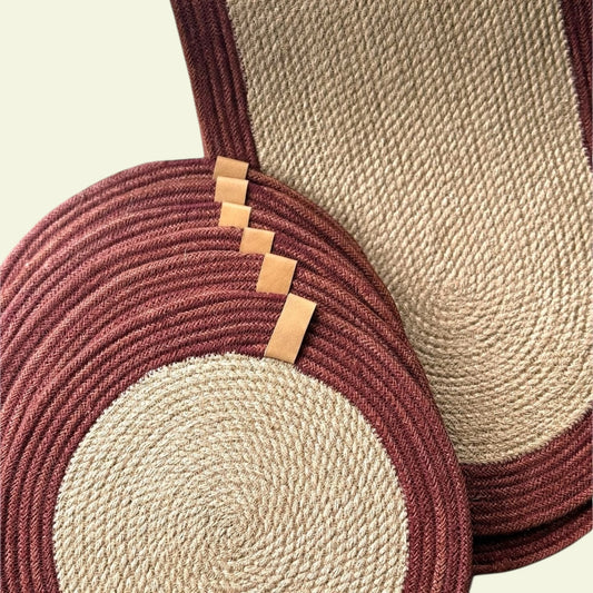 Set of 6 Red & beige table mats with runner